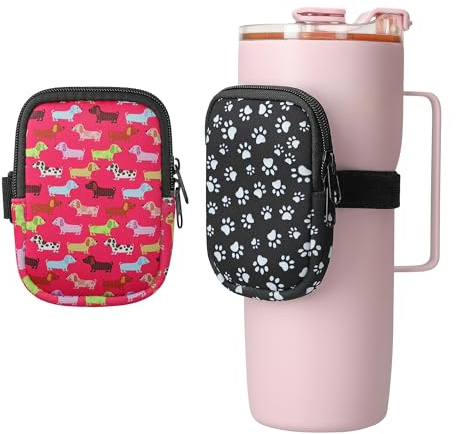 kwmobile 2x Neopren Tasche für Tumbler Trinkflasche - Tragetasche für Flaschen - Kleine Schutztasche mit Reißverschluss und Gummiband - Taschenmuster - Rosa Schwarz Weiß