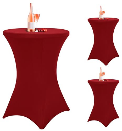 3er-Set Stretch Stehtisch Husse für Bistrotisch Ø 80-85 cm Weinrot, taillierter hoher Tisch, Cocktail-Tischdecke für Bar, Hochzeit, Cocktailparty, Bankett (Weinrot)