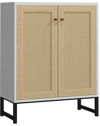 Panana Rattan dekoriert 2 Türen Aufbewahrungsschrank Akzentschrank Wohnzimmer Schrank Küche Sideboard Buffet Tisch (weiß)