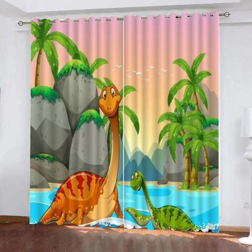 XPINGO 3D Dino Vorhang mit ösen 2er Set B 140 X H 160 cm Cartoon Dinosaurier Gardinen Blickdicht Kälteschutz Schallschutz Verdunkelung Wärmeisolierende Vorhänge für Wohnzimmer Schlafzimmer