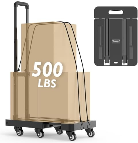 TOOLIOM Faltbare Sackkarre, 227 kg, robuster Faltbarer Gepäckwagen mit 6 Rädern und 2 elastischen Seilen, tragbarer, Faltbarer Rollwagen mit ausziehbarem Boden