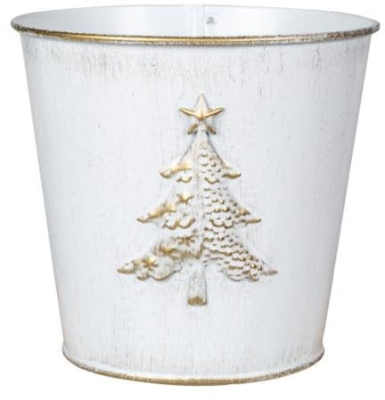 Fyne-Finds Metal Christmas Tree Embossed Plant Pot 18cm, 7inch Tin Pail Planter 2.1L Gold White Decor Xmas Gift (1)