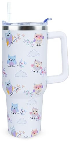 Xchearser Trinkbecher mit süßem Eulen-Motiv, mit Griff und Strohhalm, Edelstahl-Isolierbecher mit Deckel und Strohhalm, Reisebecher, Wasserflasche, Geschenke für Frauen, 1,2 l