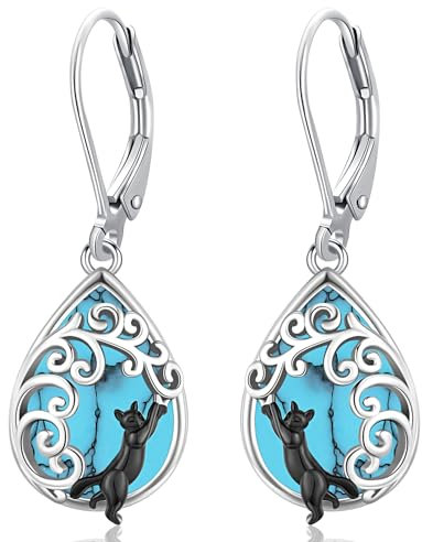 Katzen Ohrringe 925 Sterling Silber Türkis Katzen Baumeln Ohrringe Hypoallergene Ohrringe Mondstein Schmuck, Geschenke für Damen Mädchen Schwester Mütter