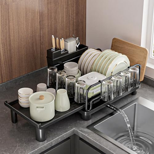 YheenLf Egoutoire Vaisselle, Egouttoir INOX Extensible(44-69cm) en Acier Inoxydable avec Porte-Gobelets et Porte-Ustensiles, Rangement Et Organisation De Cuisine, Noir