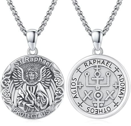St.Rafael Religiöse Beschützer Halskette 925 Sterling Silber St.Rafael Medaille Anhänger Halskette Religiöse Schutz Patron Amulett Schmuck Geschenk St Schutz Halskette 22+2 Zoll (St.Rafael-01)