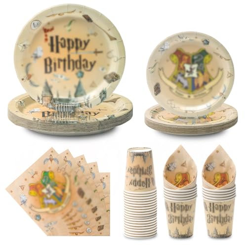 PARTY GO Assiettes jetables en carton pour décoration d'anniversaire garçon et fille, 24 invités, château, livre de magie, chapeau magique, baguette magique