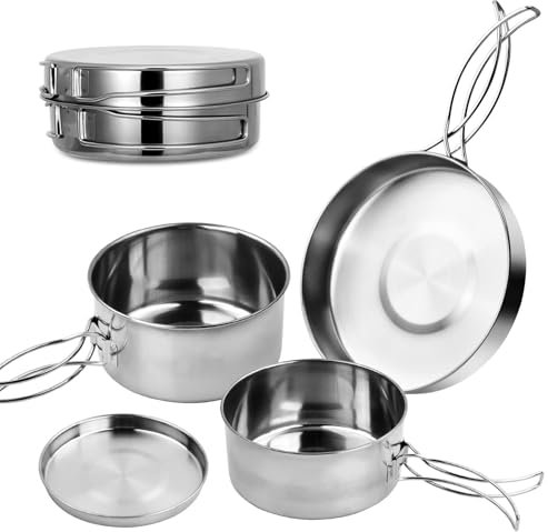 Dokeno 4 Piezas Utensilios de Cocina,Kit Cocina Camping,Utensilios Cocina Camping,Kit de Utensilios Cocina Camping,Ollas de Acero Inoxidable Ligeras Portátil, Senderismo, Acampada,Cocina o Picnic