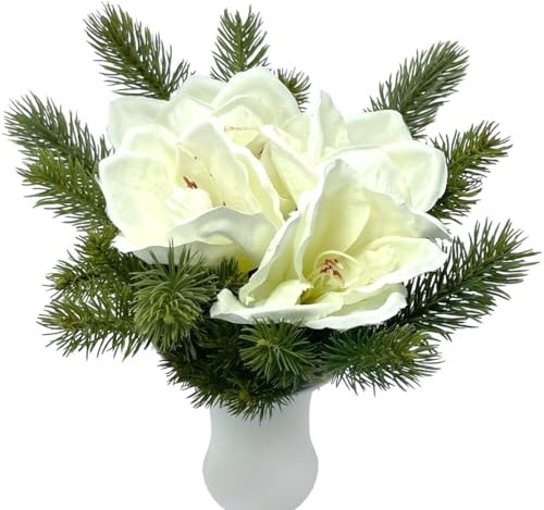naninoa Künstlicher Adventsstrauß, Weihnachtsgesteck mit Amaryllis und Tannenzweige, Tischdekoration, künstliches Blumengesteck für Winter. Weihnachtsdekoration Weiß