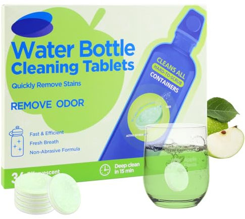 36PCS Water Bottle Cleaning Tablets Bottle Cup Cleaner Sterilising Steriliser Kettle Descaler Reservoir Cleansing Tablet Supplies for All Plastics Stainless Steel Glass Drinking Containers (Apple)