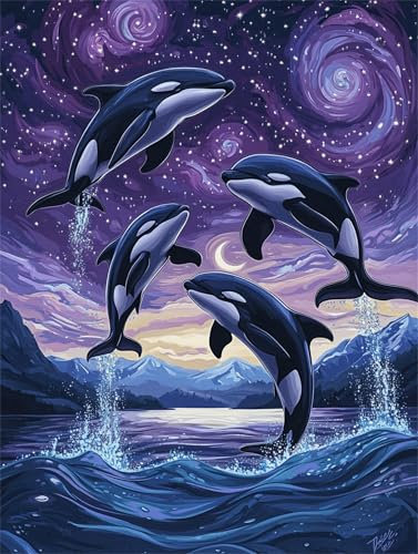 Malen Nach Zahlen Delphin Sternenhimmel Malen Nach Zahlen Kinder Anfänger,Malen-Nach-Zahlen ab 9 Jahre Mädchen Geschenke,DIY Ölgemälde Set Pinseln Acrylpigment Leinwan,Home Wanddeko Wohnzimme 90x120cm
