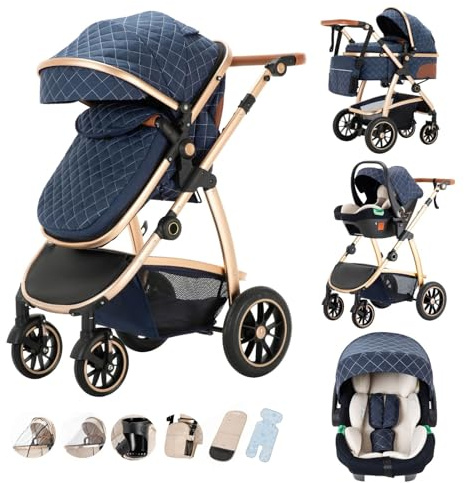 Kakbgee Passeggino combinato 3-in-1, passeggino urbano con seggiolino auto ECE R129, passeggino regolabile in altezza, telaio in alluminio morbido convertibile, adatto per neonati 0-4 anni