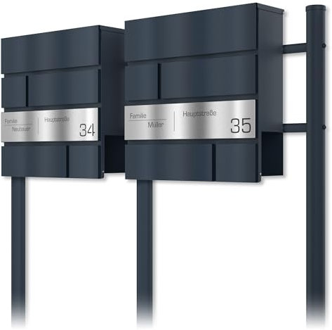 Graviers Design Doppelbriefkasten mit Ständer Anthrazit RAL 7016 - Standbriefkasten Edelstahl Personalisierung Name Straße Hausnummer - Briefbox mit Schloss Design 2