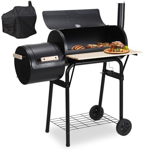 Jiubiaz Barbecue fumoir au charbon de bois submersible, fumer et griller en un seul geste, avec couvercle de barbecue, thermomètre, cheminée d'évacuation réglable, étagères et supports à bois