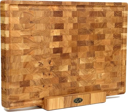 B4K® Schneidebrett mit Ständer aus Eiche Stirnholz 50 × 35 × 4 cm – Massiver Hackblock | Antibakterielles Hirnholzbrett mit Griffen, Saftrille & Silikonfüßen | Perfekt für Küche, Fleisch & BBQ