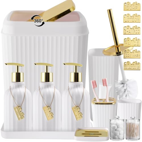 WSBArt 17-teiliges Badezimmer-Zubehör-Set, goldfarben, Badezimmerzubehör, WC-Bürste, Mülleimer, Qtip-Halter und 3-teiliger Seifenspender