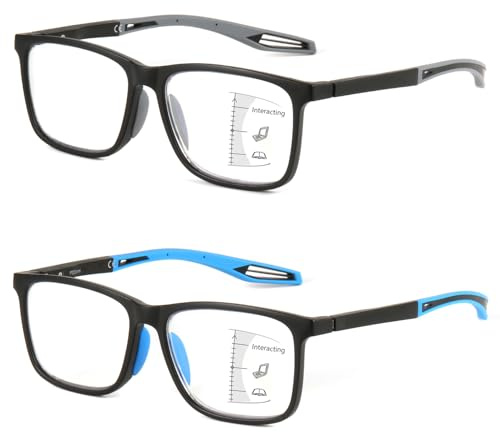 Missfive 2 Pack Sportliche Gleitsichtbrille Herren Gleitsicht Lesebrille Multifokale Blaulichtfilter Vollrand Raumcomfort-Brillen Mit Federscharniere (Nähe-Mittlere Entfernung, 3.0x)