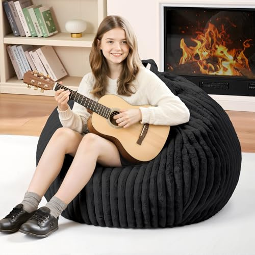 Homguava 2FT Bean Bag Chair, 2' Small Bean Bags with Memory Foam Filled, Beanbag Chairs with Machine Washable Cover Dutch Corded Plush Cover for Classroom,Living Room,Bedroom-Black