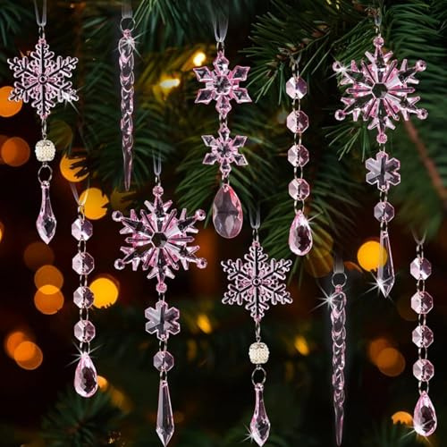 Acryl Schneeflocke Eiszapfen 18 Stück Weihnachtsbaum Schmuck Weihnachtsbaum Kristall Dekorationen Hängende Ornamente Tannenbaumschmuck Rosa