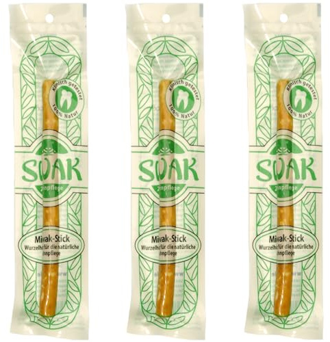SWAK MISWAK Siwak, 100% Natur Zahnbürste, Zahnputzholz mit natürlichen Mineralstoffen und Gipskristallen für schonend saubere und weisse Zähne, klinisch getestet, (9-15 mm dick) Vegan (3 Stück)