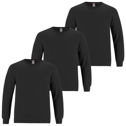 3 Pairs Mens Long Sleeve T-Shirt Top Cuffed Crew Neck Plain Jersey Tee Top Adults Casual Wear (Black, XL)