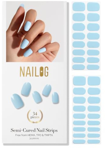 NAILOG Semi Cured Gel Nail Strips 20pcs Gel Nail Stickers - Baby Blue | 20 Extra-Long Strips DIY Salon-Quality Gel Nails Glossy Long-Lasting HEMA-Free Vegan Easy & Safe