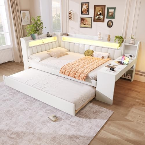 Merax Kinderbett 140x200 cm Tagesbett mit gepolstertem Kopfteil, LED-Ablagefach, Multifunktionsbett mit Schreibtisch, USB-Steckdose und Ausziehbett, Holzbett mit Lattenrost (Ohne Matratze), Weiß
