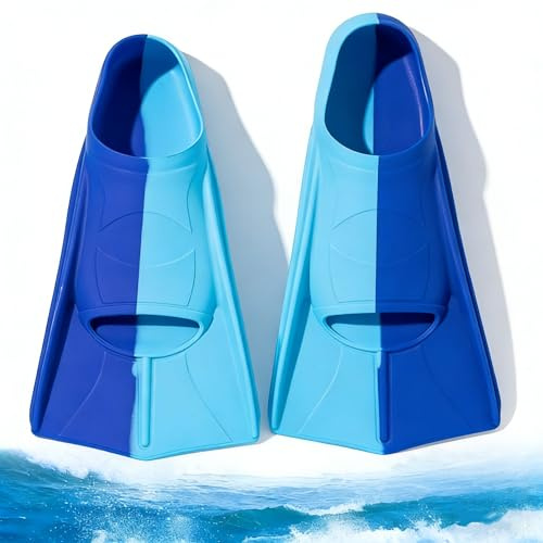Schwimmflossen Kinder,100% Silikon Kurzflossen Kinder,Silikon Schnorchelflossen,Training Flossen,Leichte Kurze Trainingsflossen,Flossen Trainingsschwimmflossen für Jungen Mädchen-Tiefblau+Hellblau-XXS