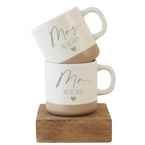 Generisch Mr. & Mrs. Keramiktassen Set mit Lasergravur, Personalisiert mit Datum und Herz, Weiß-Beige, 360 ml, Spülmaschinenfest, Hochzeitsgeschenk