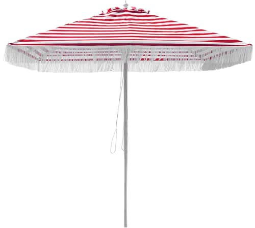 YAVYAV Sombrilla Bohemia Rectangular 250cm con Flecos, Rayas Rojas y Blancas, Protección UV UPF 50+, Impermeable, 8 Varillas Aluminio, para Playa Jardín Terraza Piscina Picnic(200cm/6.5ft)