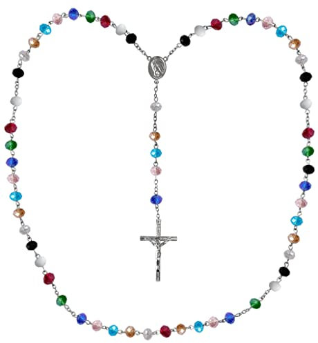 Kaltner Präsente Geschenkidee - Rosenkranz für Damen und Herren mit Kreuz Anhänger Marienbild und Glas Perlen Farbe bunt Mehrfarbig