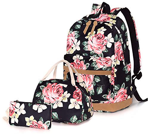 FEWOFJ Rucksäcke Schule Casual Canvas Schulrucksack + Kühltasche + Federmäppchen für Mädchen/Damen - Groß Blumen