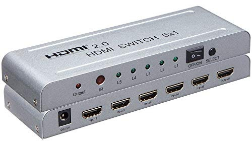 PremiumCord 4K HDMI Umschalter 5:1 mit Fernbedienung und Netzteil, Metallgehäuse, Switch, Video Auflösung 4Kx2K 2160p UHD 60Hz, Full HD 1080p, 3D, HDCP, Farbe Silber