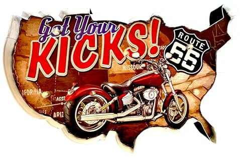 Cartel Retro Luminoso Garage Vintage Letrero Metálico Artesania Accesorios Decoración Hogar - Get Your Kicks Route 66 Moto