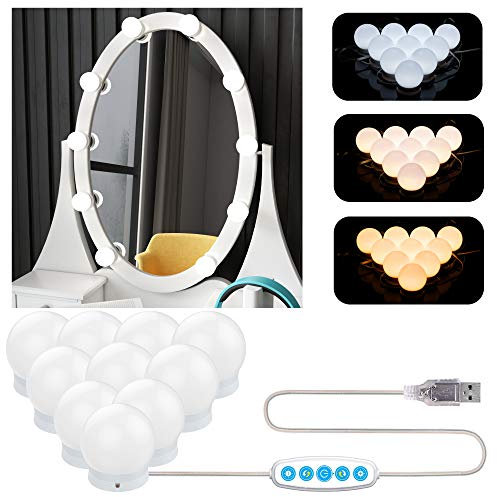 Aourow Spiegelleuchte LED,Hollywood-Stil LED Schminklicht mit Schalter und 10 Dimmbaren Glühbirnen,USB-Kabel-Design Make up Licht mit 5 Farbmodi und 6 Helligkeiten(ohne Spiegel und USB-Ladegerät)
