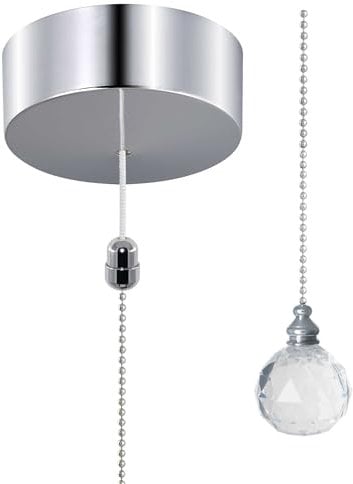 ElekTek UK Safety Approved Chrome Bathroom Light Pull Switch Kit, Acrylic Crystal Ball Fob Handle & Extension Chain, EN 60669-1 & CE Mark, Earth Terminal, 6A 250V, 1 or 2 Way, Full Wiring Instructions