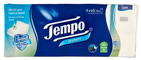 Tempo Fazzoletti Tascabili Protect, 1 confezione da 10 pacchetti da 9 fazzoletti, 4 veli