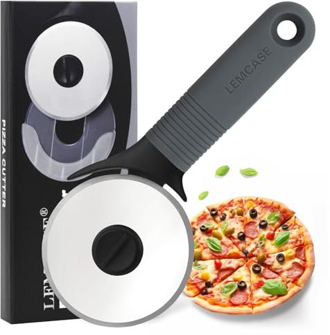 LEMCASE® Pizzaschneider [Original] Pizzaroller aus Edelstahl - Profi Pizza Cutter mit Rutschfestem Silikon Griff | Abnehmbare Klinge mit Schutzabdeckung & Spülmaschinenfest | Grau