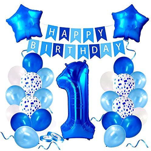 Annhao 1 Anno Decorazione Feste di Compleanno Palloncino, Blu Set di Palloncini Numero, Palloncini in Lattice con Coriandoli in Lamina 1 Buon Compleanno Banner per Bambino Bambina, Baby Shower, Party