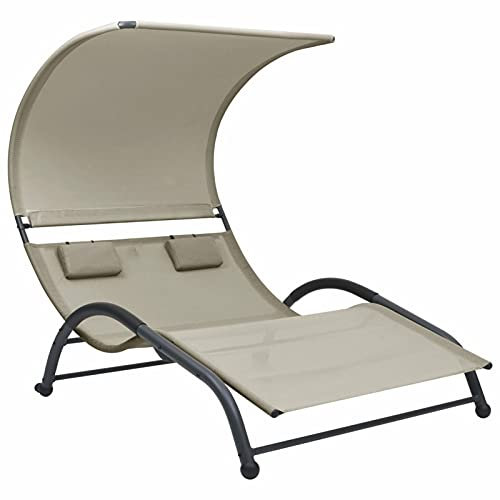 Tidyard Tumbona Doble con Toldo Hamaca Playa Piscina Cama Patio Terraza Balcón Tumbona Cama para 2 Personas Textilene Crema