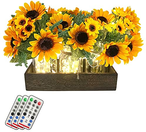 SietDESEO Mason Jar Centerpiece for Table Wood Centerpiece Tray with Large Sunflower Artificial Flowers Rustic Farmhouse Table Decor for Dining Room Kitchen Wedding Christmas Decoration