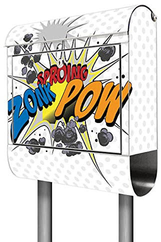 banjado® Briefkasten mit Standfuß Motiv Comic - Stand Briefkasten Edelstahl mit Zeitungsfach - Postbox/Postkasten A4 Einwurf inkl. Montagematerial & 2 Schlüssel