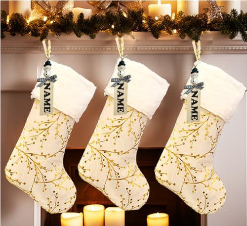 AOGU 3pcs 20 Inch Gold Faux Fur Christmas Stockings with Berries Branches for Merry Christmas Xmas Party Home Tree Decoration