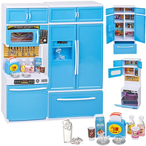 alles-meine.de GmbH Puppenhaus Möbel - Sound & Licht - 31 cm groß - Geschirrspüler + Mikrowelle + großer Kühlschrank/Küchenschrank - mit Zubehör - Miniatur Puppenstube Küche - ..