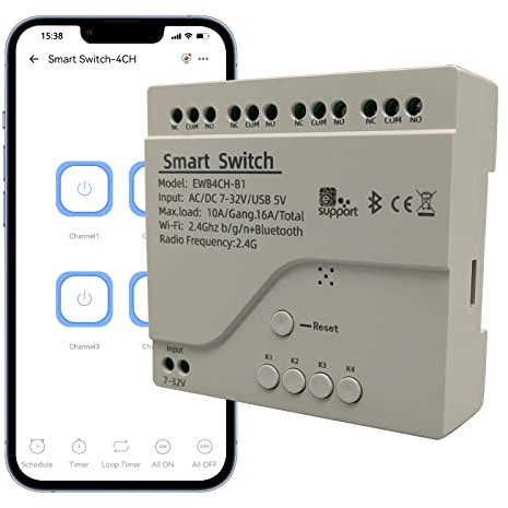 Jane Eyre Interruttore a 4 canale Smart Wifi Interruttore momentaneo/a scatto, Casa intelligente fai-da-te, Supporto eWeLink APP Controllo Bluetooth AC/DC7-32V, Compatibile con Alexa Google Home