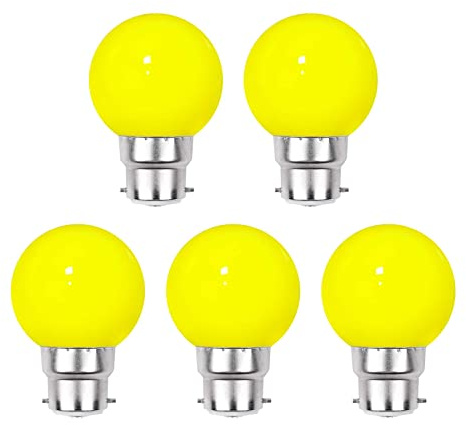 G.W.S® Pack of 5, B22 Bayonet 3W Yellow, G45 LED Coloured Light Bulb, Garden Party Wedding Festoon Lights