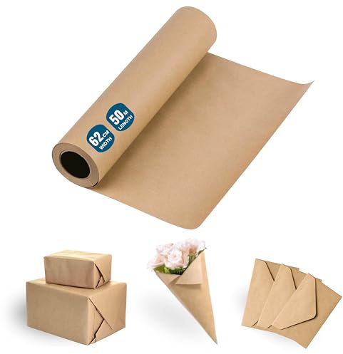 Rouleau de Papier Cadeau Kraft naturel 62cmx50m (1 unité) - Papier D’ Emballage déal pour l'Artisanat, Souvenirs ou Emballage de Cadeaux de Noël et Anniversaire