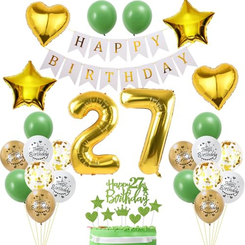 27. Geburtstag Dekoration, Frau Geburtstagsdeko 27 Jahre, Tortendeko Geburtstag 27 Jahre Frau Mann, 27 Geburtstag Deko Grün Gold, Luftballon 27. Geburtstagsdeko mit 27. Tortendeko