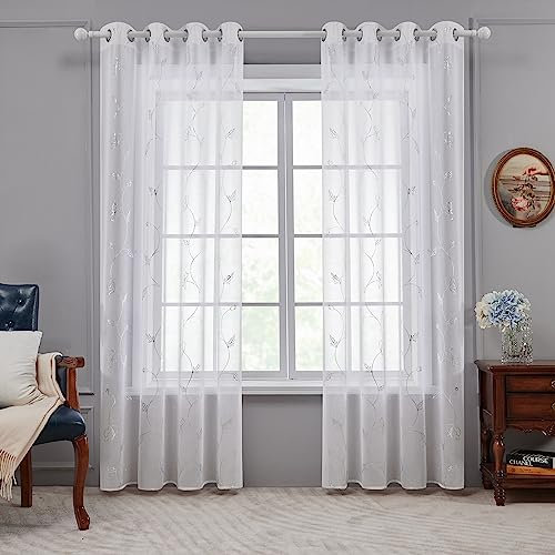 Deconovo Vorhänge Weiß Vorhang Transparent Leinen Look Ösenvorhang Voile Ösenvorhang Wohnzimmer 245 x 140 cm Blumen