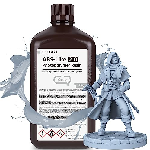 ELEGOO Upgraded ABS-Like 3D Printer Resin 2.0, 405nm UV-Curing LCD Resin High Precision Fast Curing Non-Brittle Photopolymer Resin for LCD Printing Grey 2KG